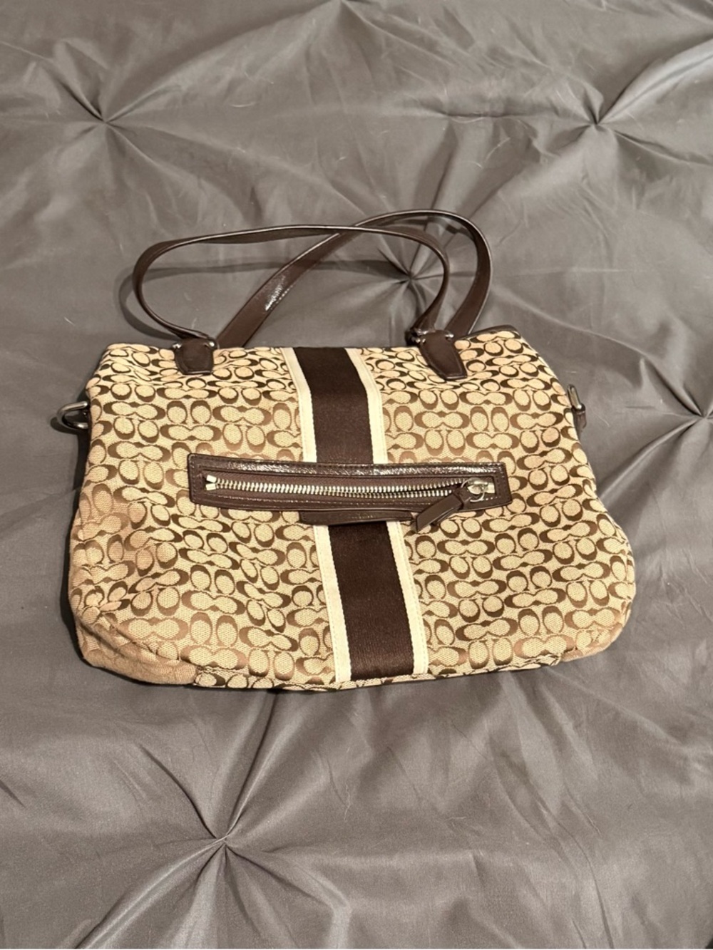 Coach Brown Signature Canvas Shoulder Bag with Cream Stripe